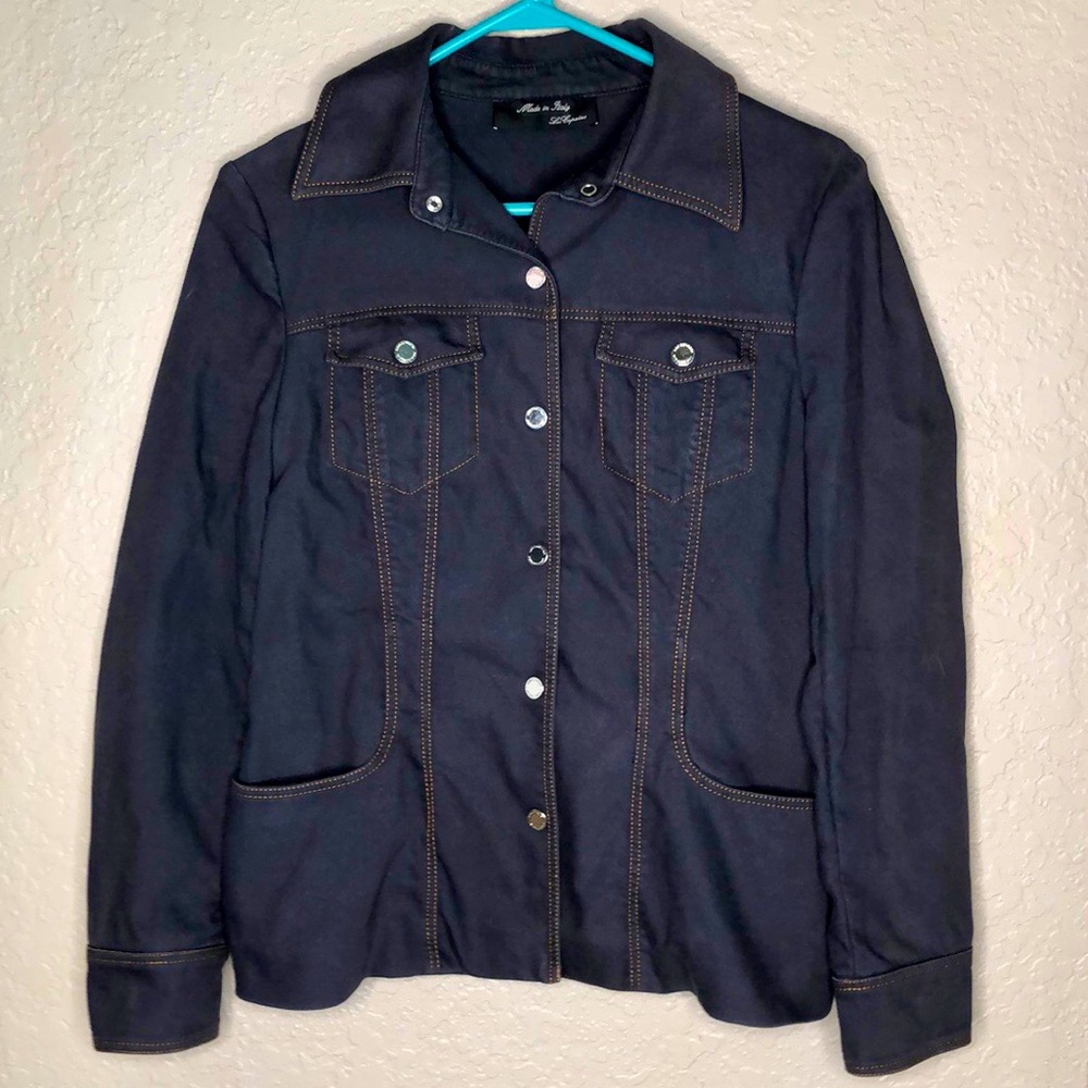 Les Copains stretch trill jacket in plum with contrast stitching. Made in Italy